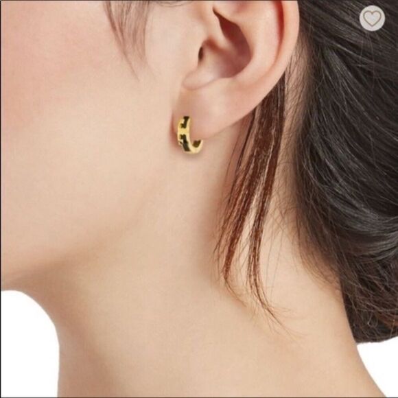 New Tory Burch Gold Logo, Green Enamel Small Huggie Hoops - Picture 6 of 7